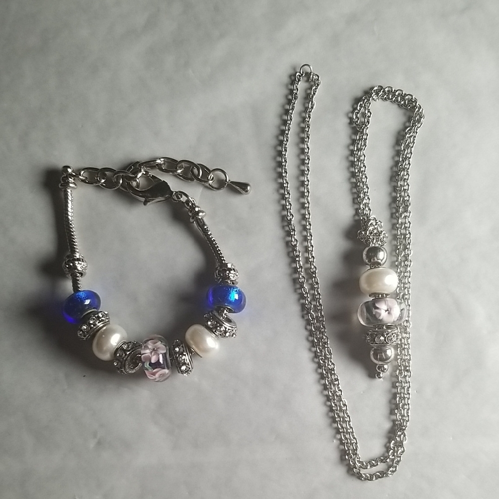 Silver and Blue Bracelet And Necklace Set